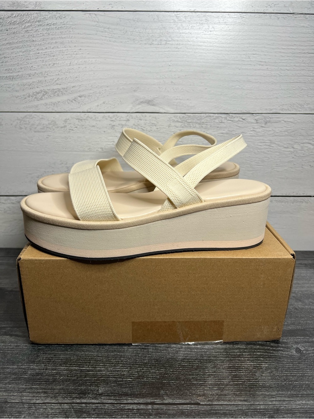 Women's Cream Platform Slide Sandals with Elastic Cross Straps - Picture 2 of 4